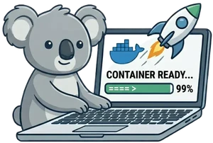 자체 호스팅을 위해 Docker 컨테이너를 배포하며 노트북 앞에 앉아 있는 귀여운 코알라