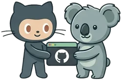 GitHub 마스코트인 Octocat 옆에서 GitHub 저장소 페이지를 들고 있는 귀여운 코알라